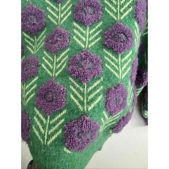 Green Purple Floral Knit Pullover Cottagecore Women's Sweater S/M - Picture 3 of 10